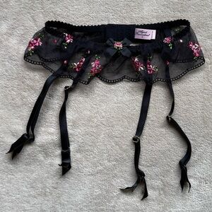 Agent Provocateur Black and Pink Embroidered Garter Belt Suspenders